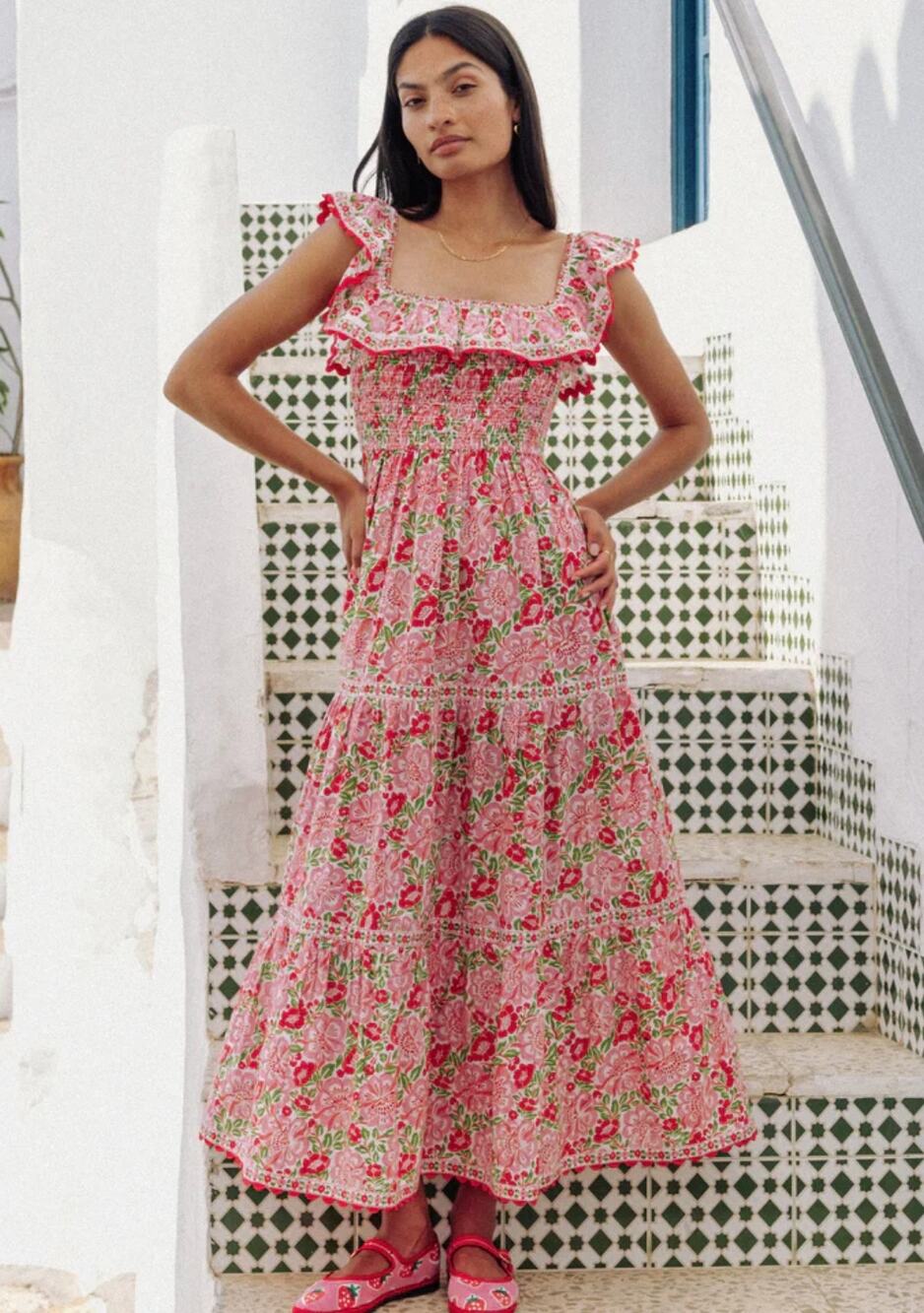 PINK CITY PRINTS Tuckernuck Carrie Smocked Midi Dress Sweet Hibiscus Floral Pink